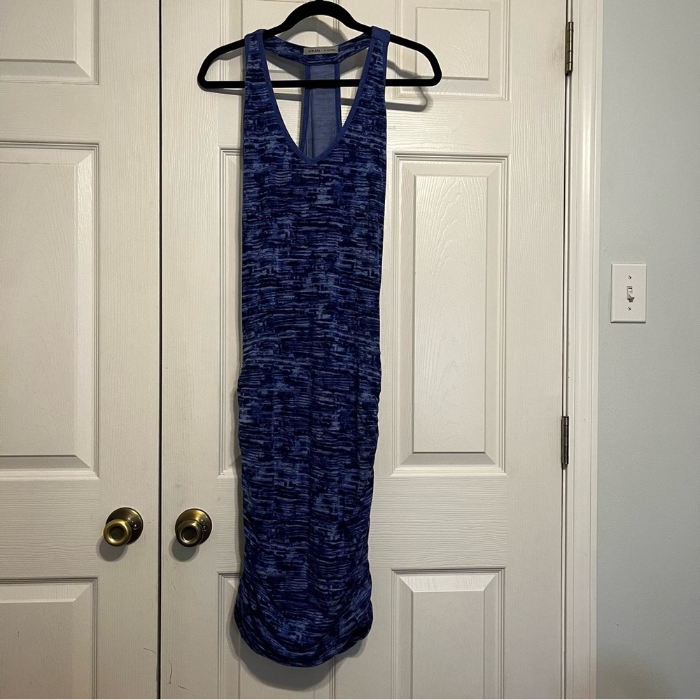 Athleta Jersey Blue Space Dye Racerback Ruched Sleeveless Dress Size Medium